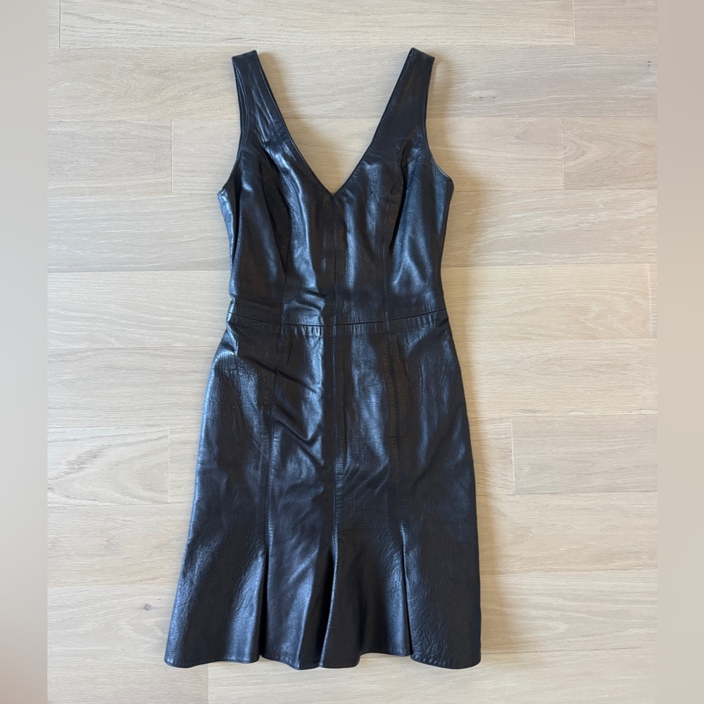 Vintage Leather Black Double V Dress with flare bottom